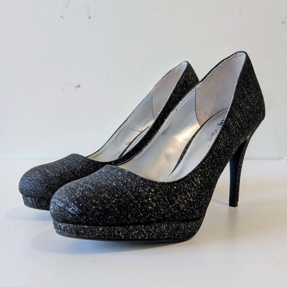 FIONI NIGHT Formal Glitter High Heels Almond Toe Dark Gray Silver Metallic 9